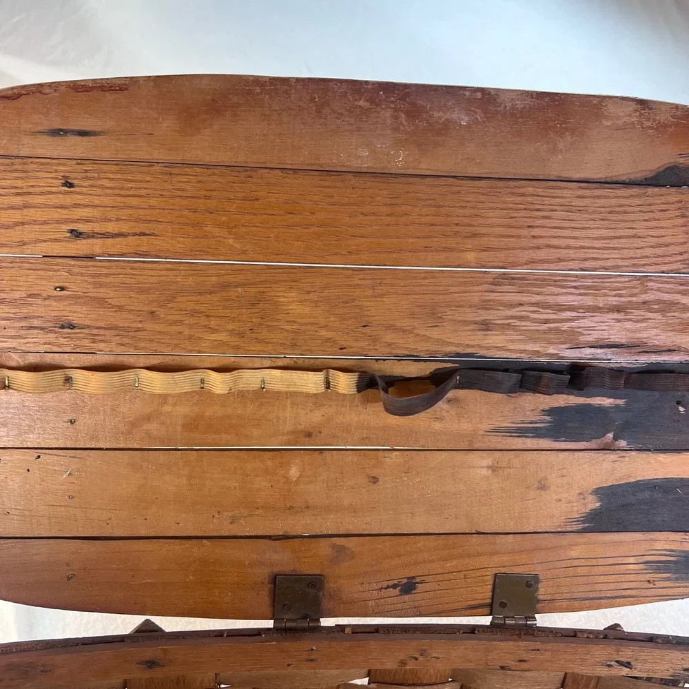 Vintage Woven Wood Picnic Basket Dual Handles Hinged Slatted Lid Large Rustic